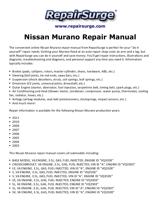2006 nissan murano repair manual download